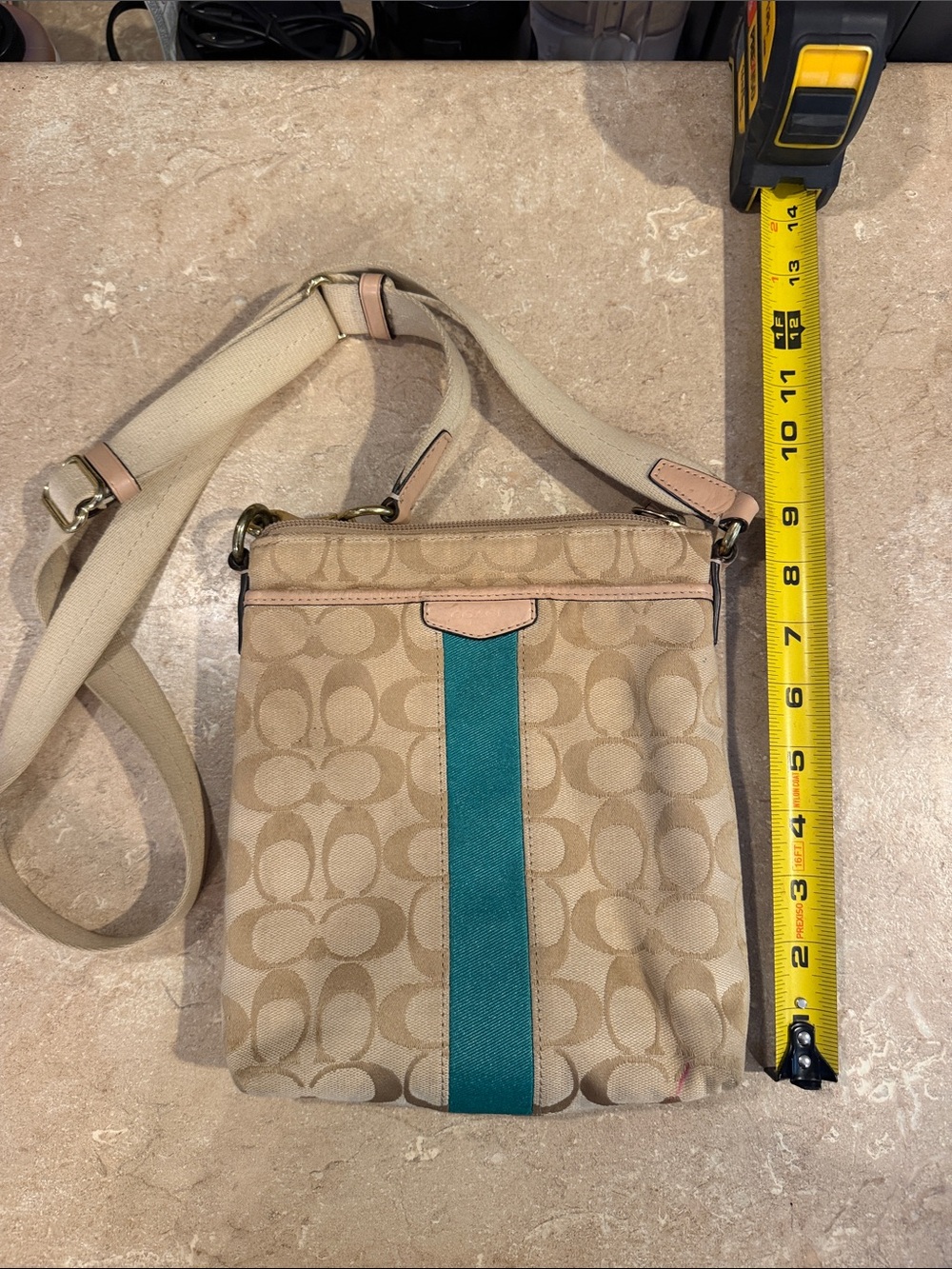 Coach Beige Signature Crossbody with Teal Stripe
